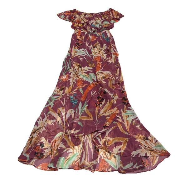 Express Women Maroon Floral Maxi Dress XS Ruffle High Low Flowy Fairy Festival - Picture 4 of 16